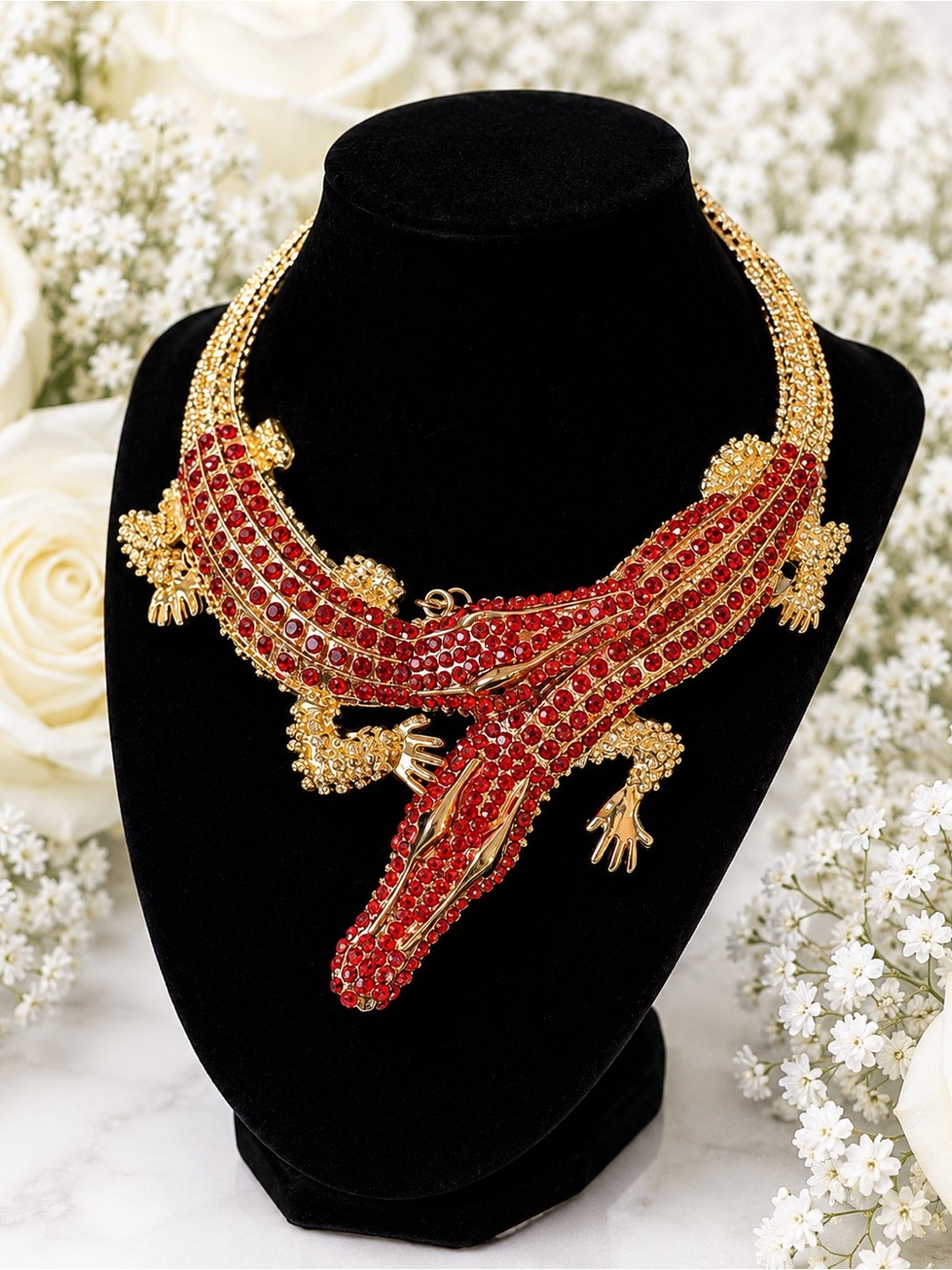 Bold Red Crystal Alligator Necklace - Designer Statement Jewelry